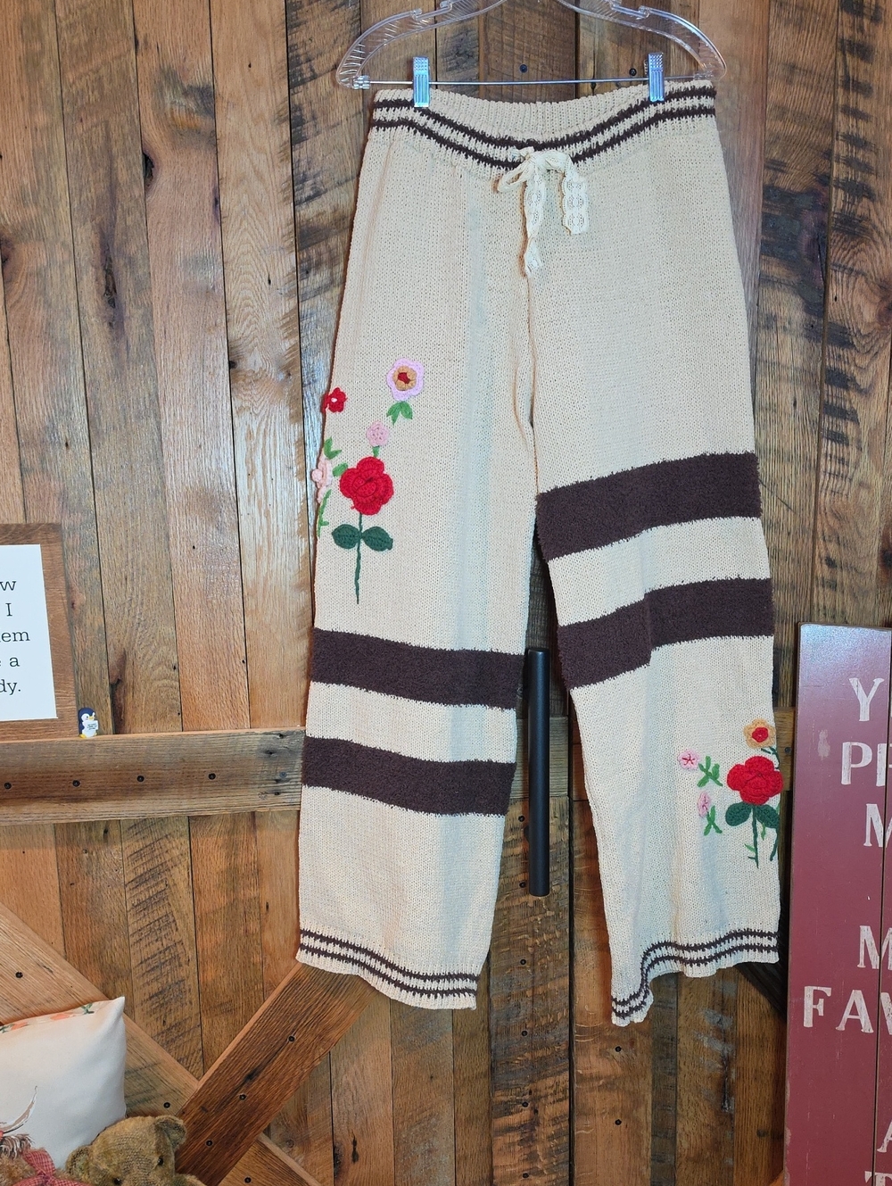 248p POL Cream Knit Sweater pants with Brown Stripes and Floral Embroidery